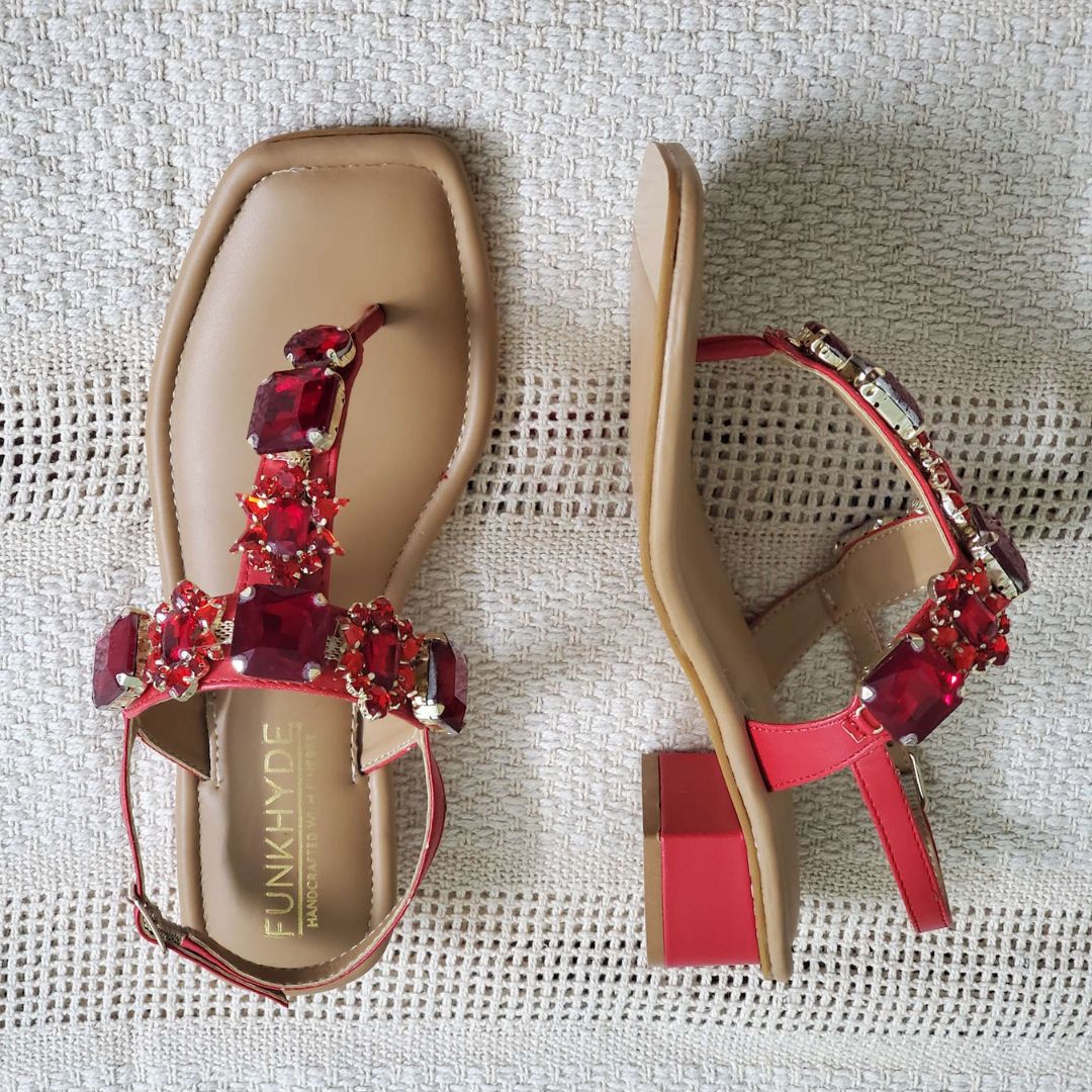 DREAM Red Embellished Sandals - 1.5" Heels