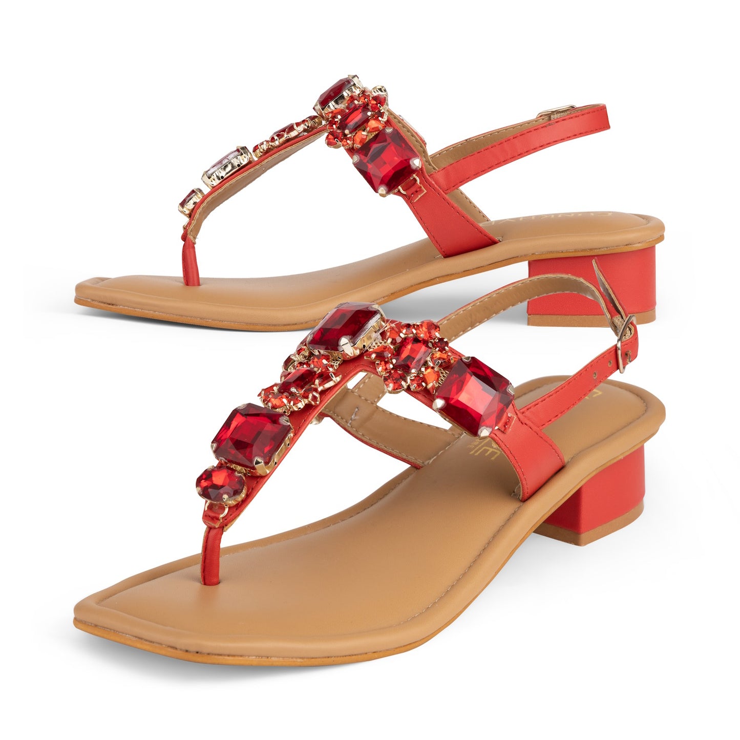 DREAM Red Embellished Sandals - 1.5" Heels