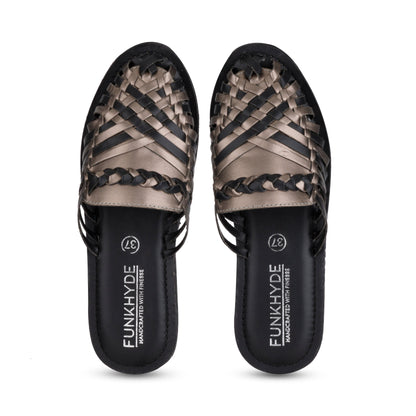 Hamurra Black Gunmetal Heeled Huarache Mules - 2" Heels - Funkhyde India