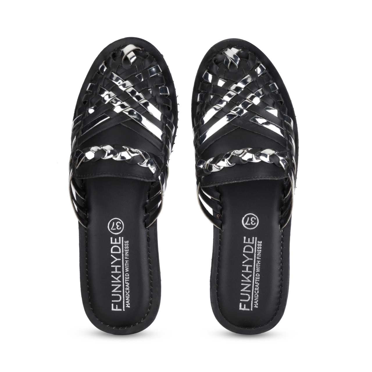 Hamurra Black Silver Heeled Huarache Mules - 2" Heels - Funkhyde India